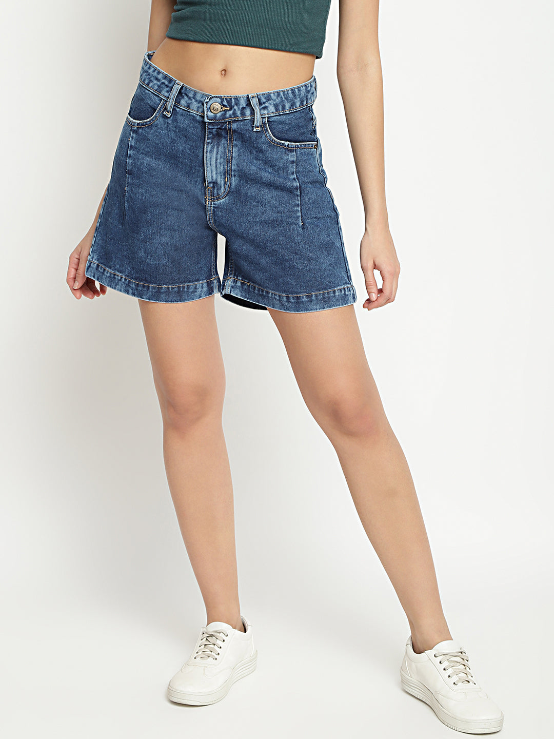 Women High Waist Mid Blue Mom Fit Denim Shorts
