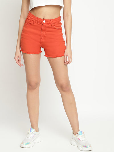Women High Waist Orange Denim Shorts 