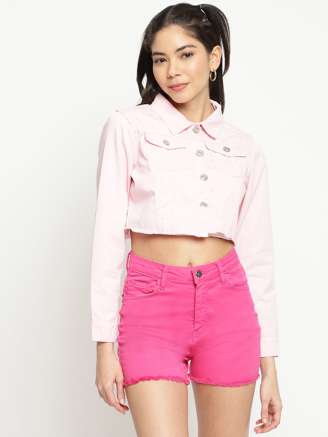 Women Baby Pink Cropped Denim Jacket With Frey Hem