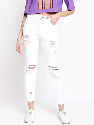 Women White Distressed Mom Fit Denim Jeans