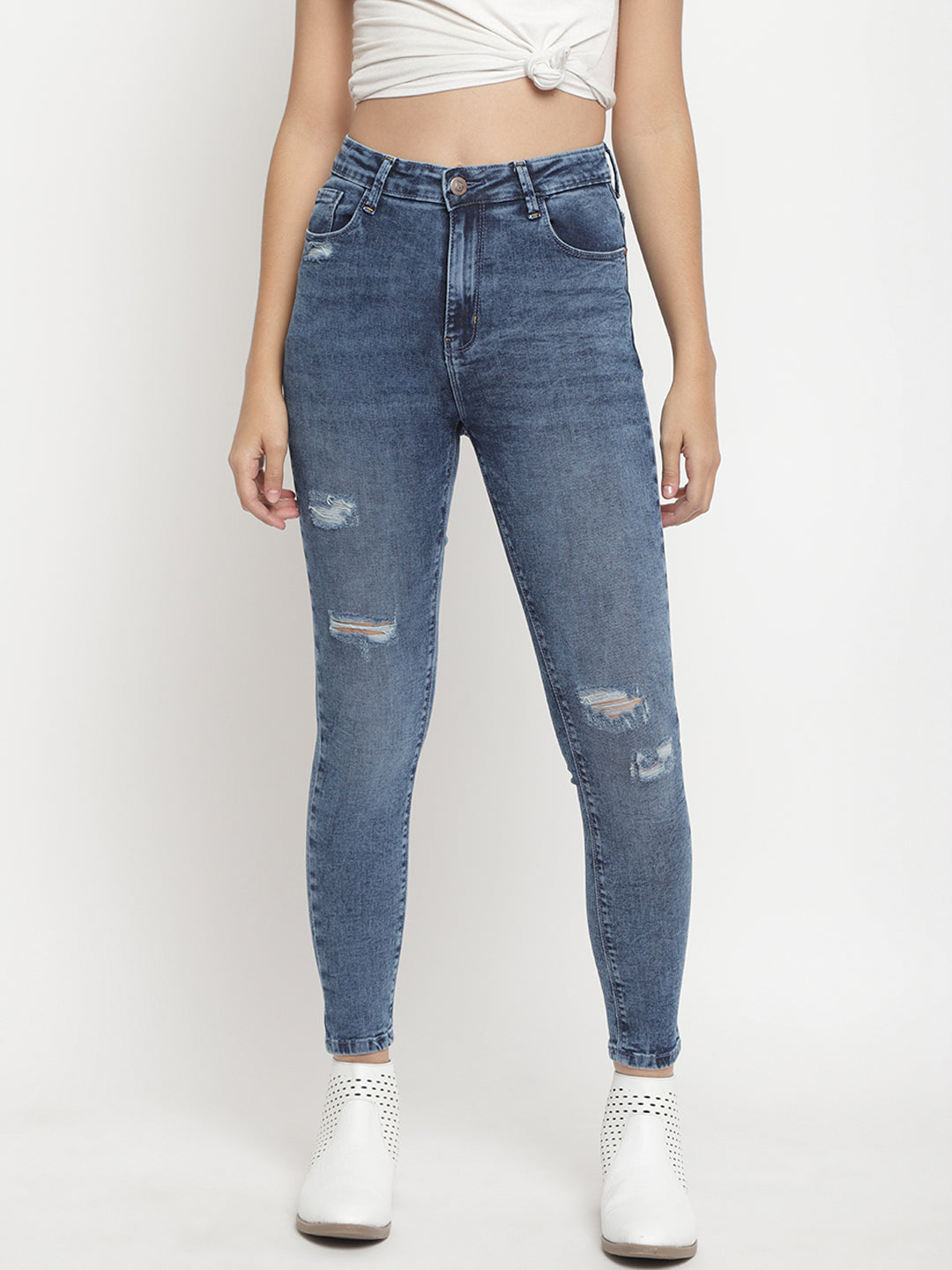 Women High Waist Mid Blue Distressed Super Skinny Denim Jeans