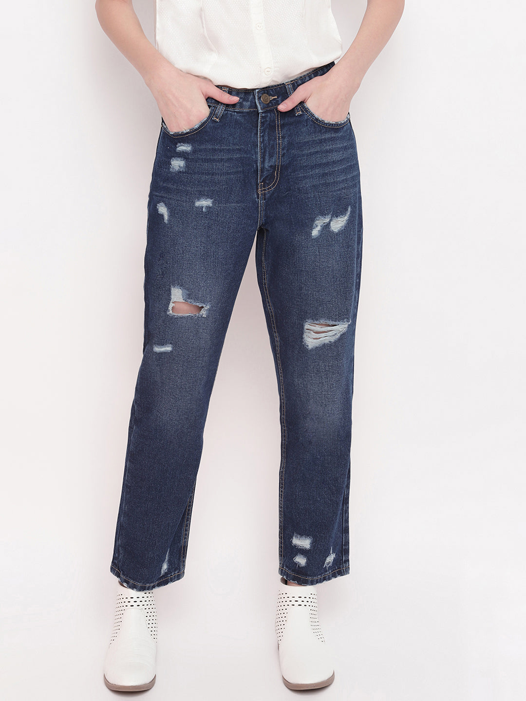 Women Mid Blue Distressed Mom Fit Denim Jeans