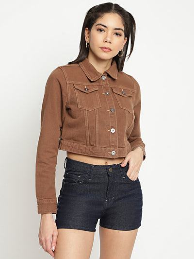 Women Brown Cropped Denim Jacket