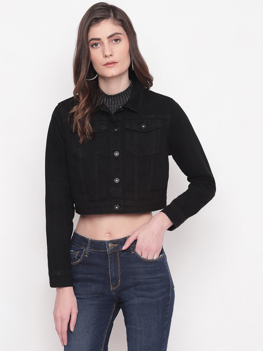 Women Black Cropped Denim Jacket