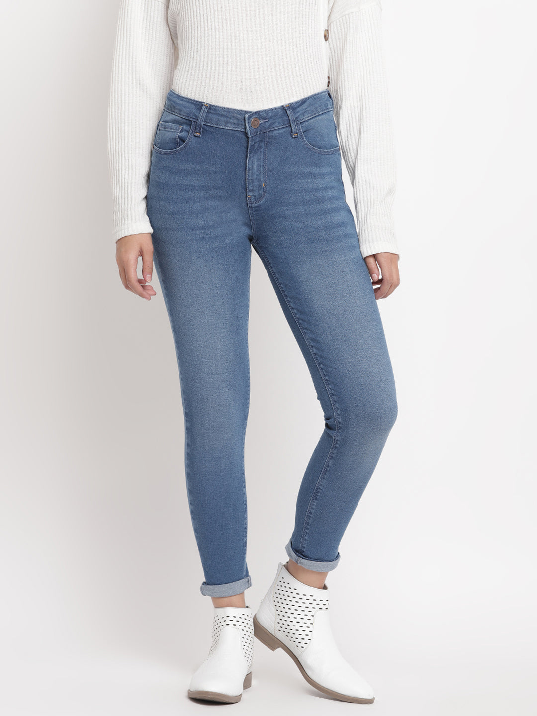 Women Mid Waist Mid Blue Whisker Slim Fit Denim Jeans