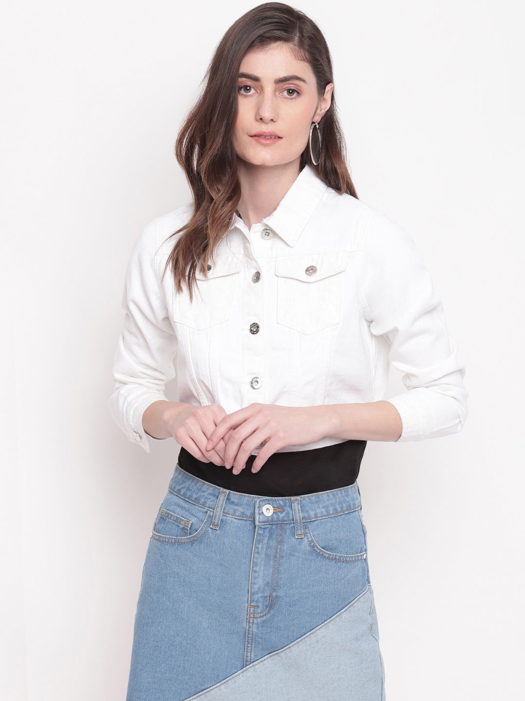 Women White Cropped Denim Jacket