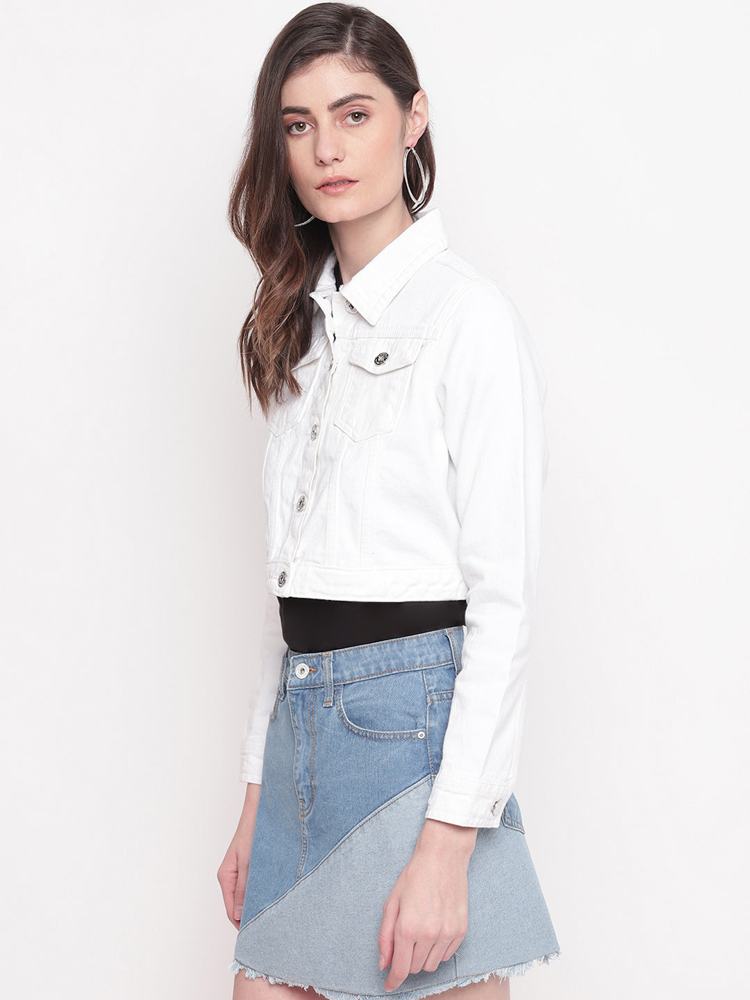 Women White Cropped Denim Jacket