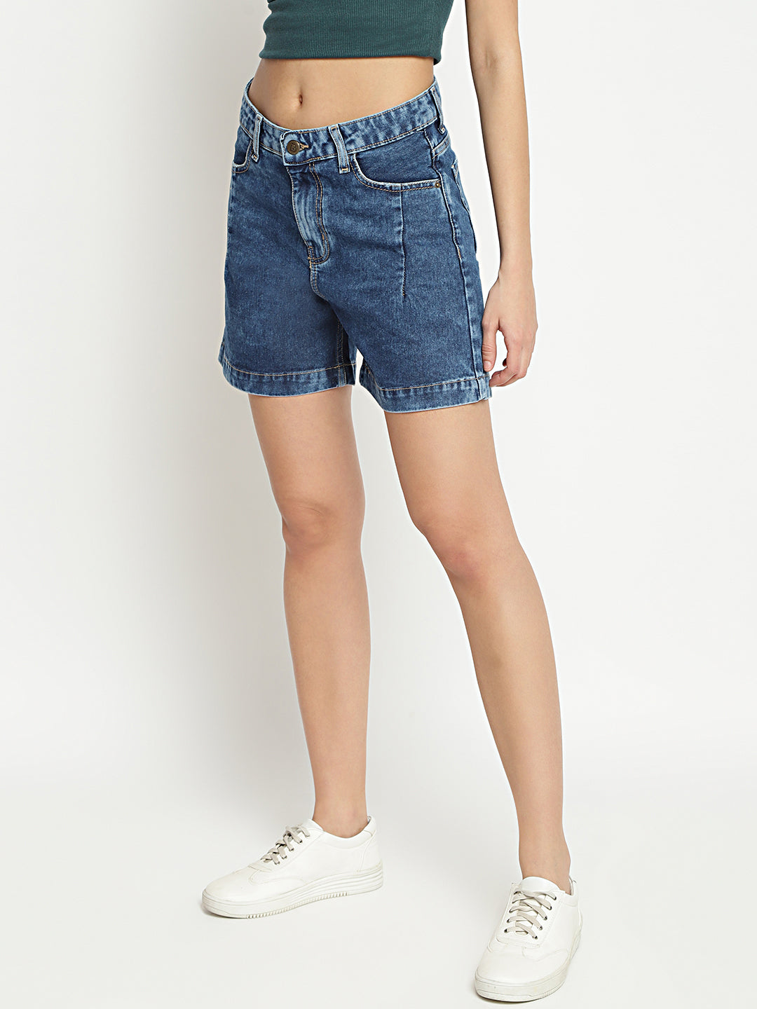 Women High Waist Mid Blue Mom Fit Denim Shorts
