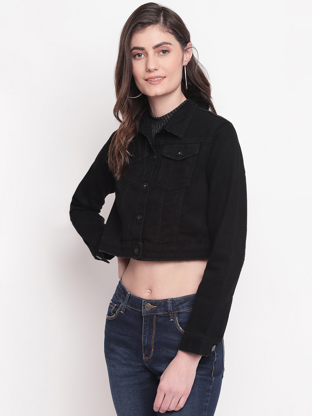 Black Cropped Denim Jacket For Women 