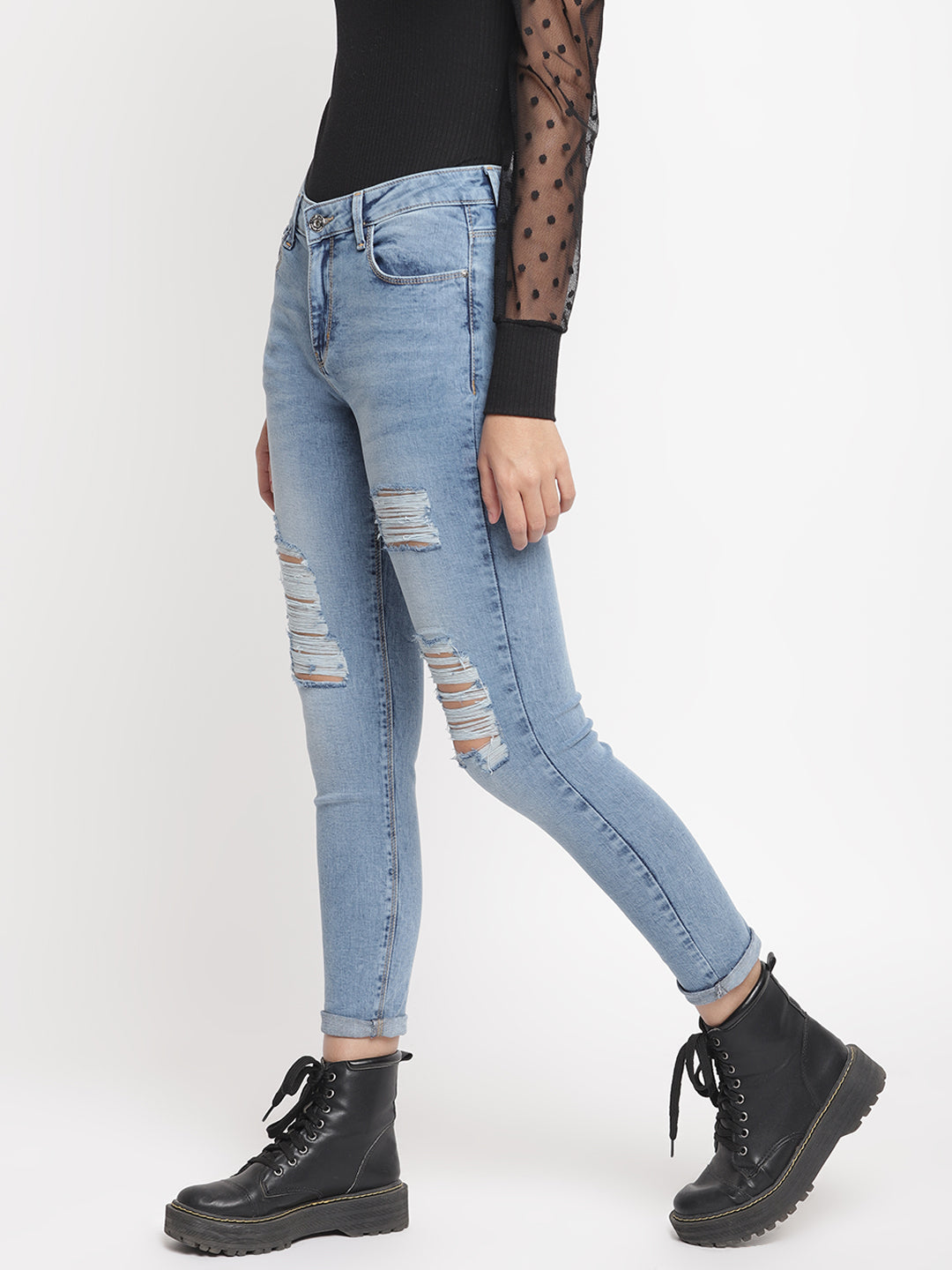 Women Mid Waist Mid Blue Distressed Slim Fit Denim Jeans