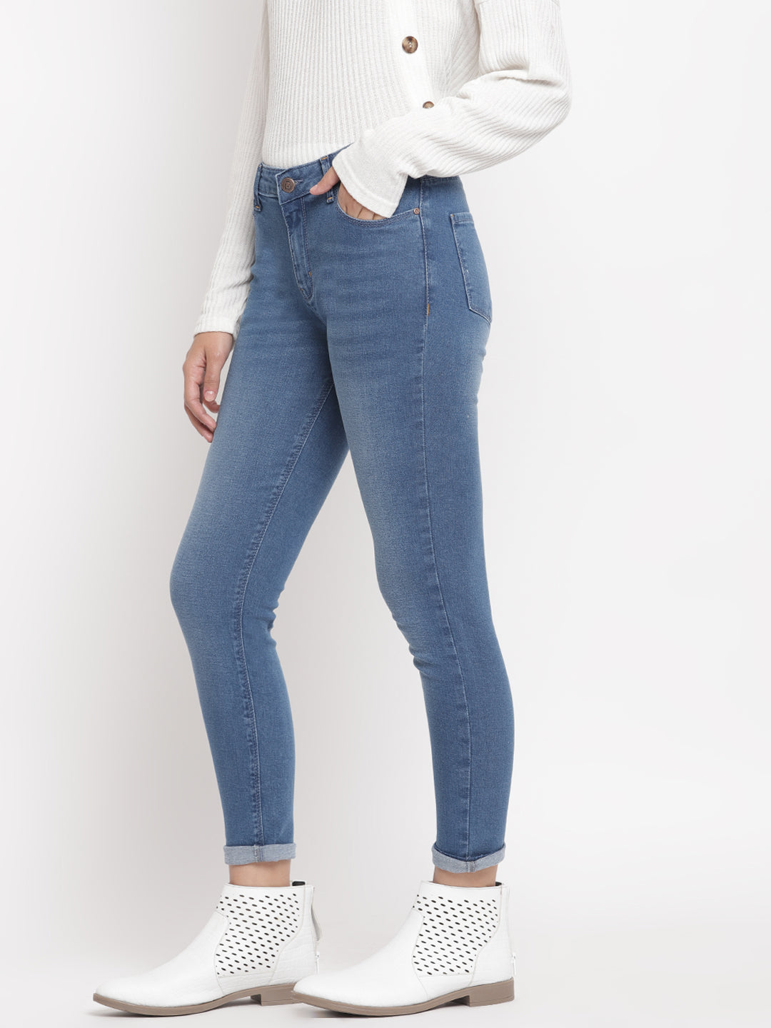 Women Mid Waist Mid Blue Whisker Slim Fit Denim Jeans