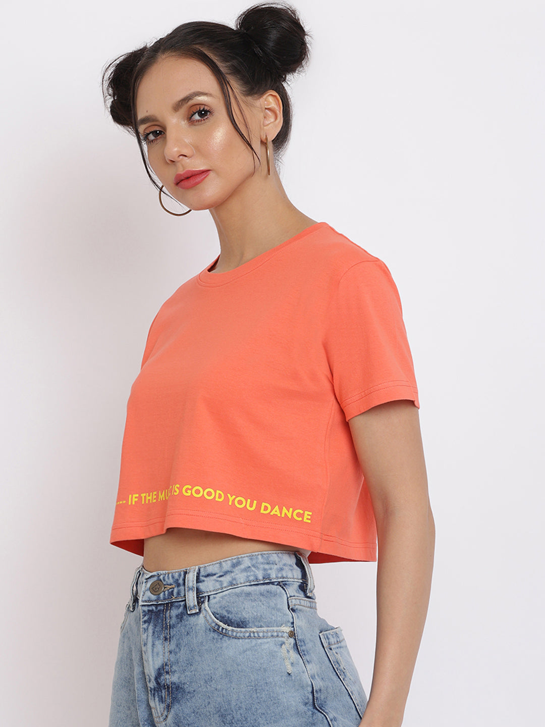 Women Orange Typography Printed Crop Top