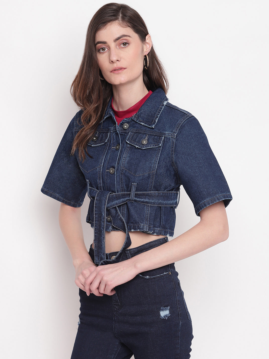 Women Dark Blue Cropped Denim Jacket With Belt