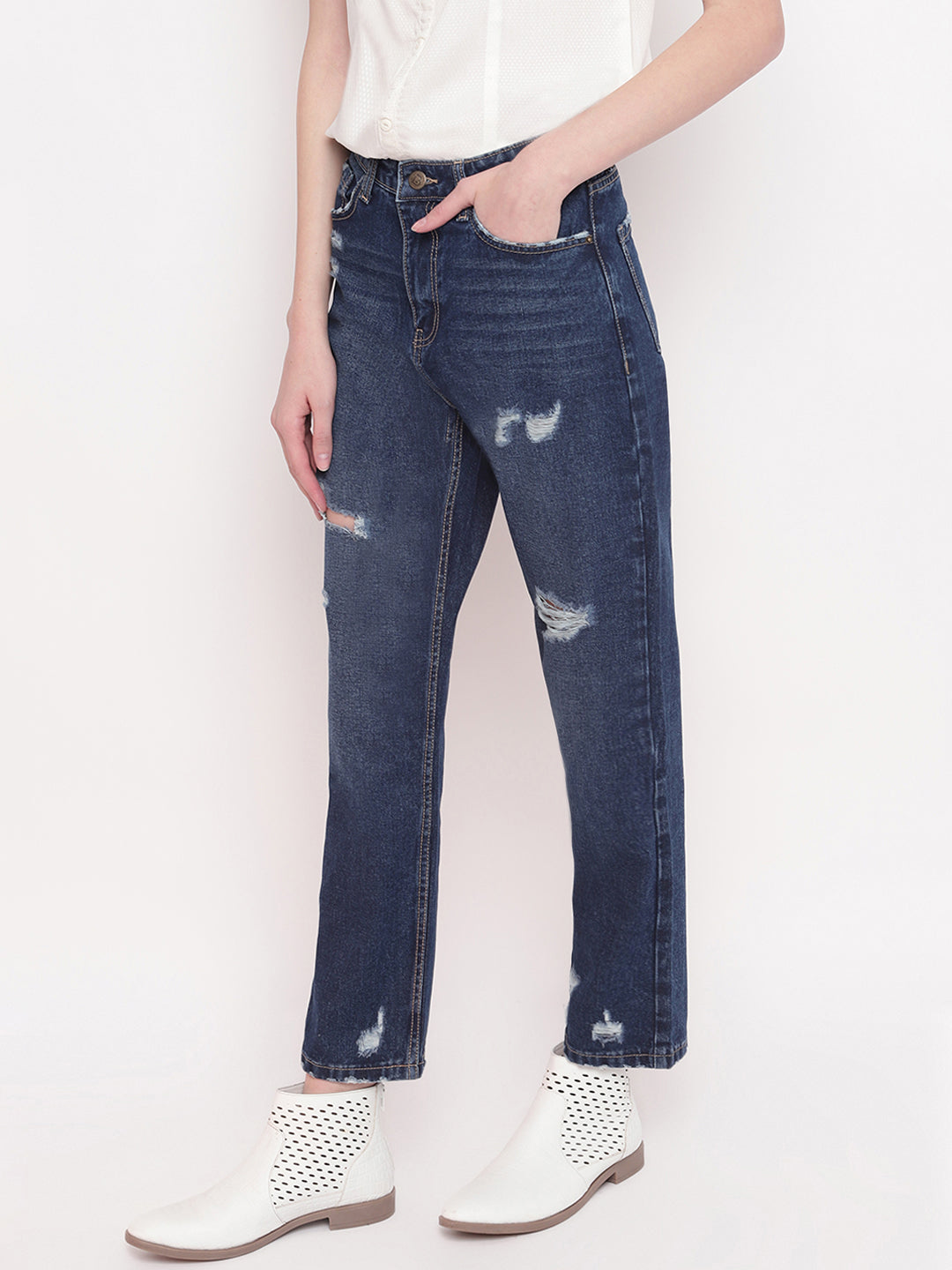 Women Mid Blue Distressed Mom Fit Denim Jeans