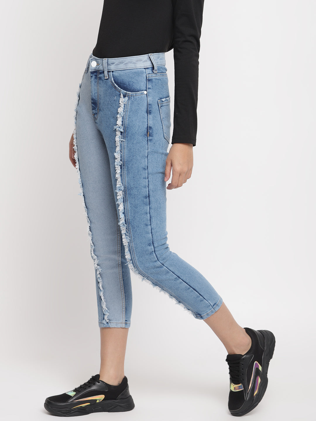 Women Cut And Sew Patched Denim Slim Fit Jeans