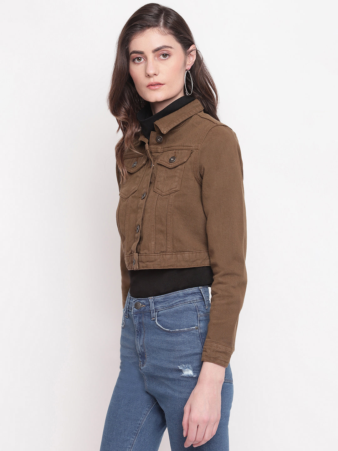 Women Olive Cropped Denim Jacket