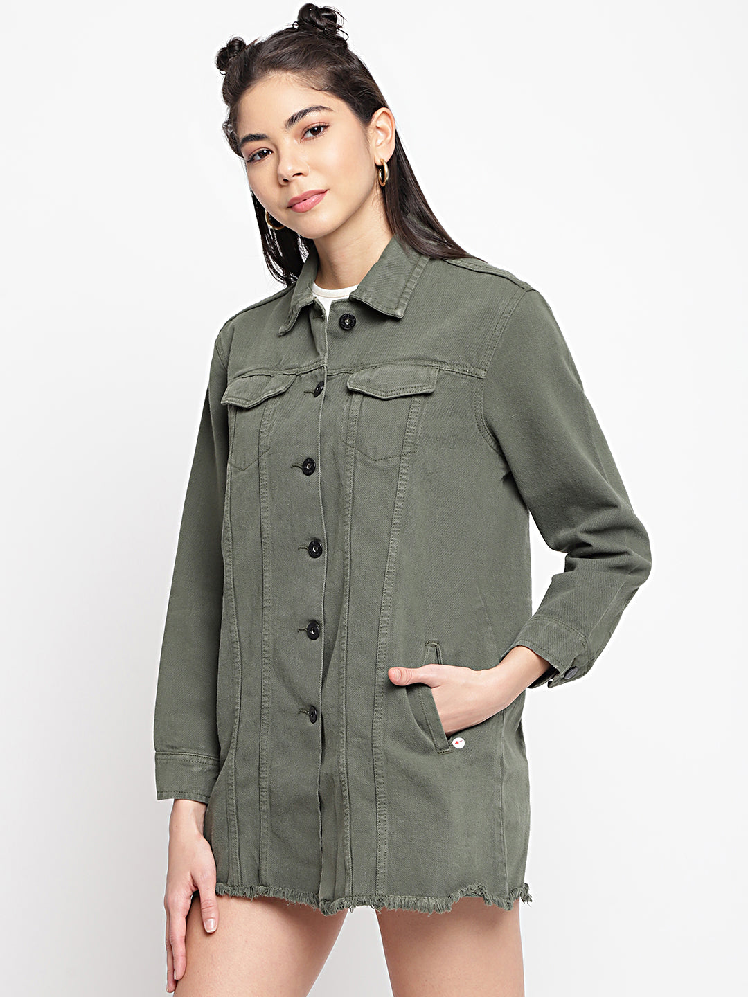Women Olive Long Denim Jacket With Frey Hem