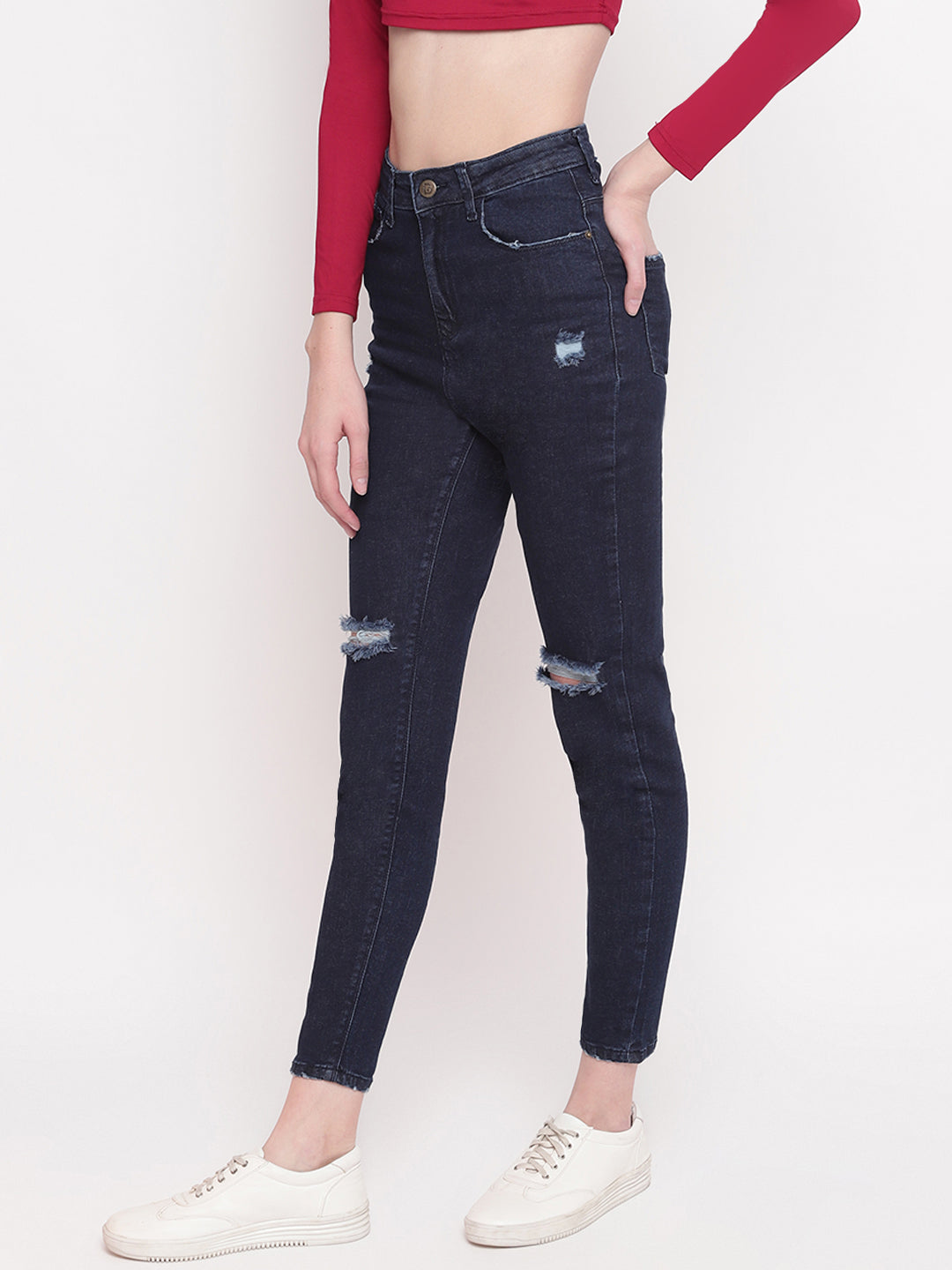 Women Super High Waist Skinny Fit Dark Blue Side Tape Denim Jeans
