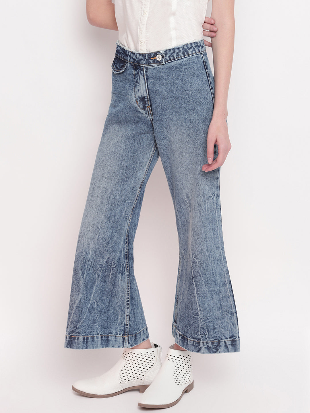 Women Mid-Blue Cropped High Waist Flared Denim Jeans
