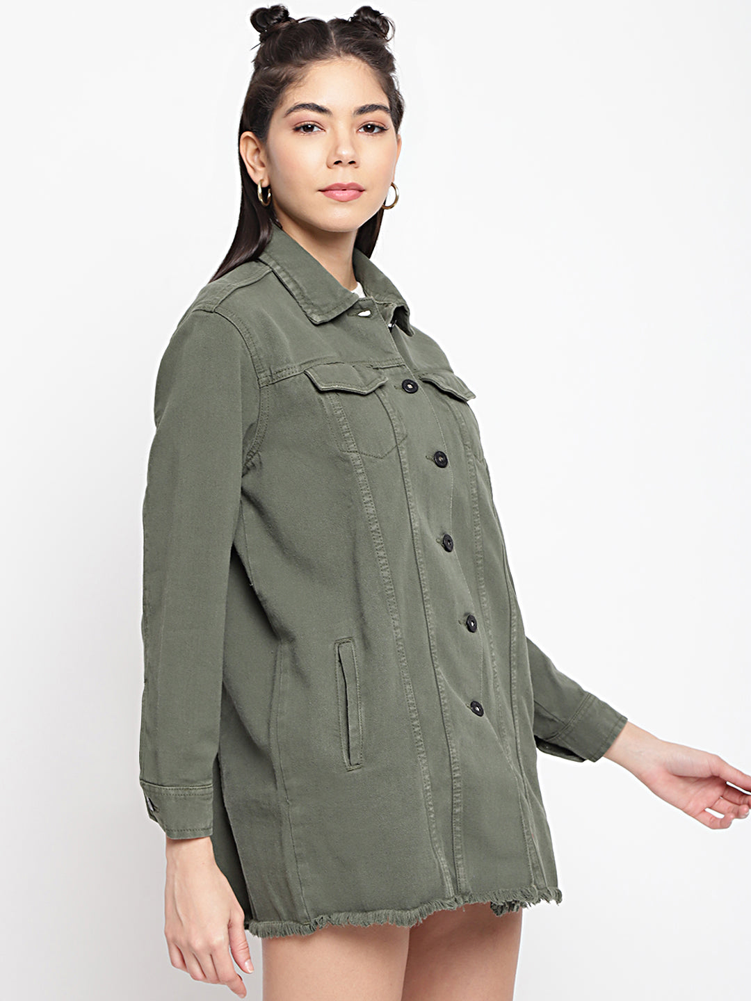Women Olive Long Denim Jacket With Frey Hem