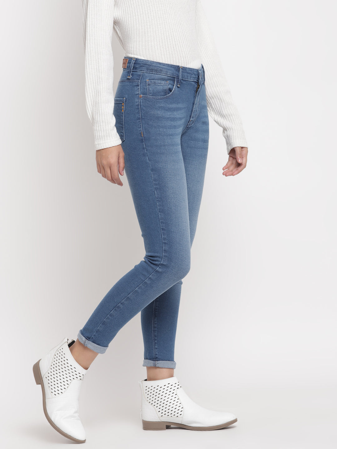 Women Mid Waist Mid Blue Whisker Slim Fit Denim Jeans