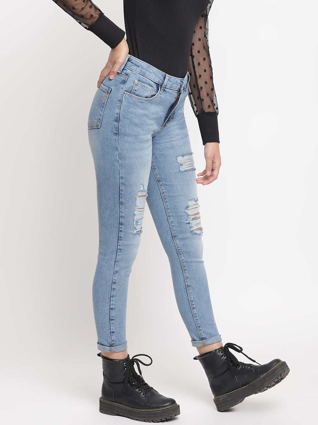 Women Mid Waist Mid Blue Distressed Slim Fit Denim Jeans