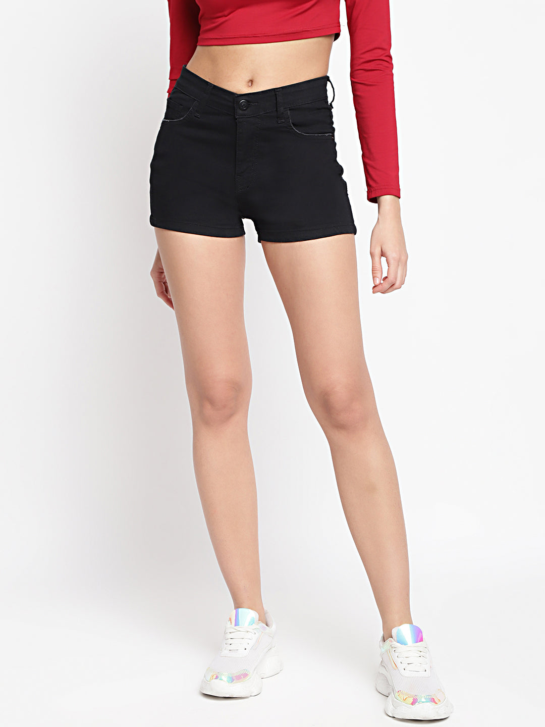 Women Mid Waist Black Denim Shorts 