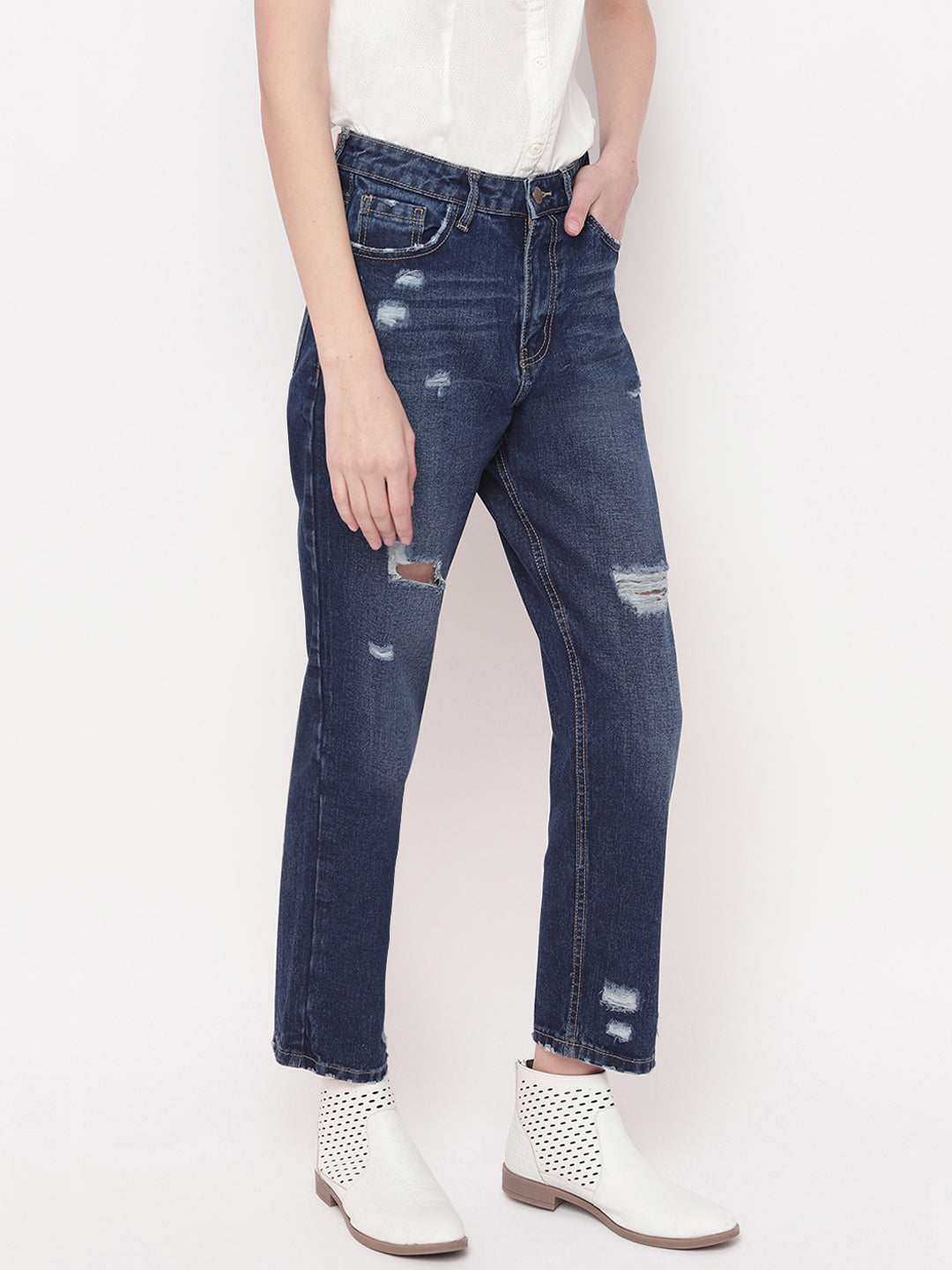 Women Mid Blue Distressed Mom Fit Denim Jeans