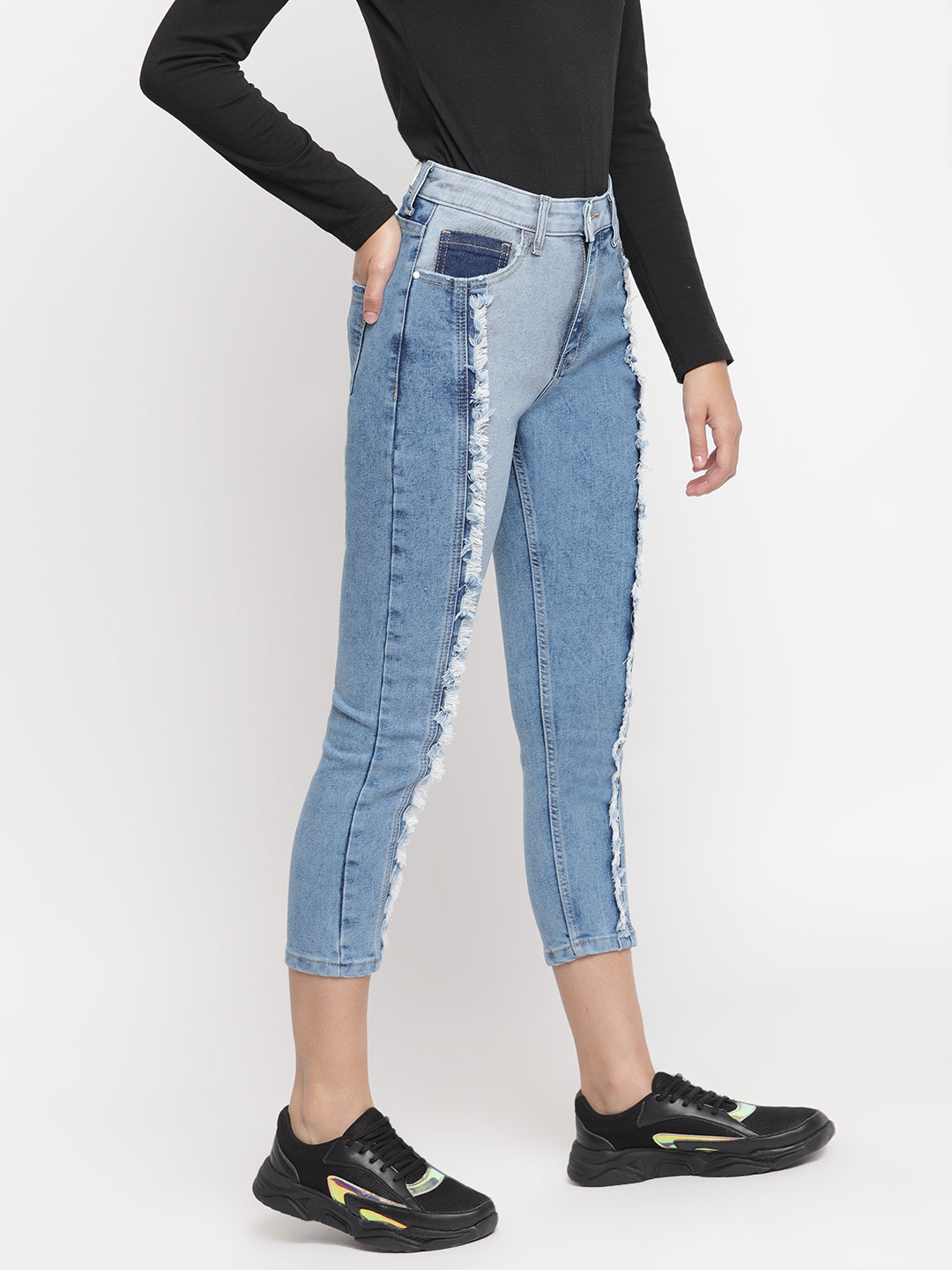 Women Cut And Sew Patched Denim Slim Fit Jeans