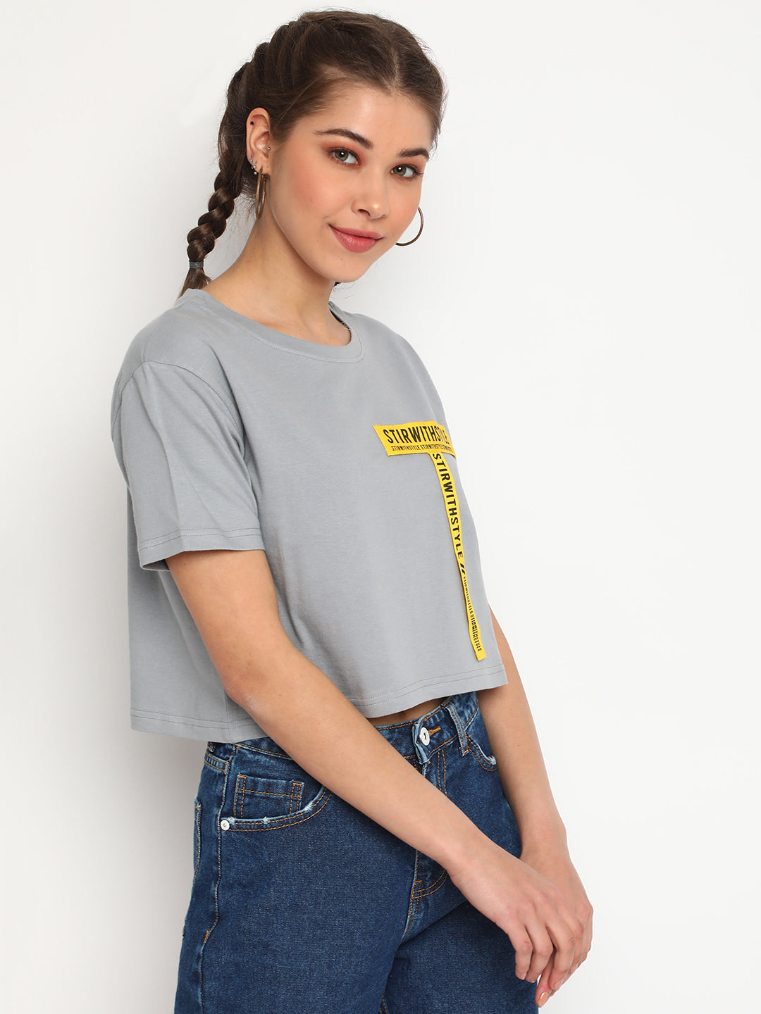 Women Grey Tape Detail Crop Top
