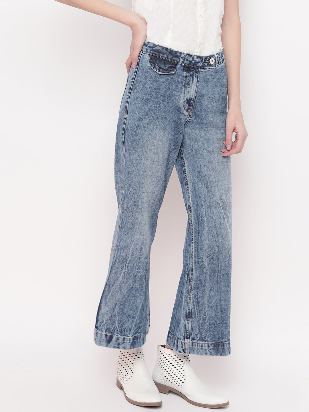 Women Mid-Blue Cropped High Waist Flared Denim Jeans