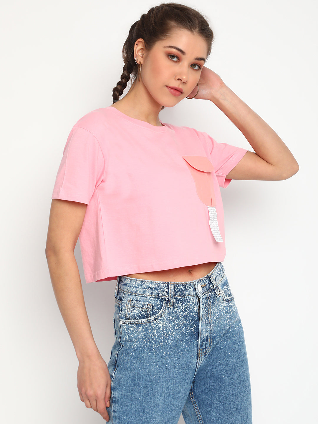 Women Pink Round Pocket Crop Top