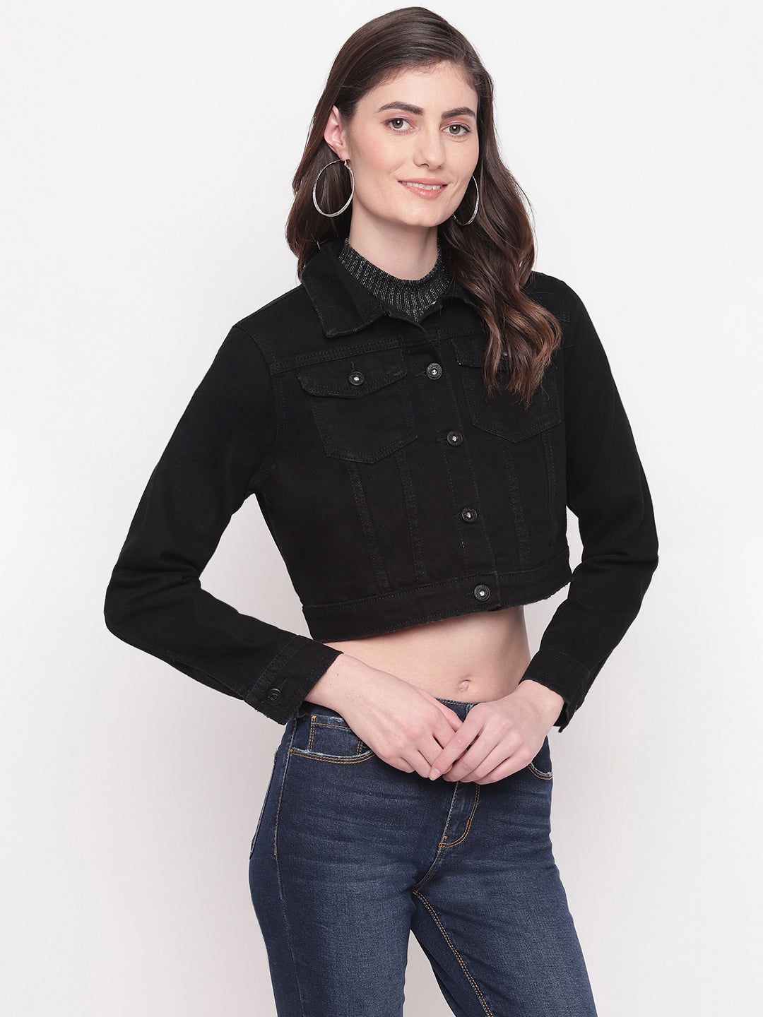 Women Black Cropped Denim Jacket