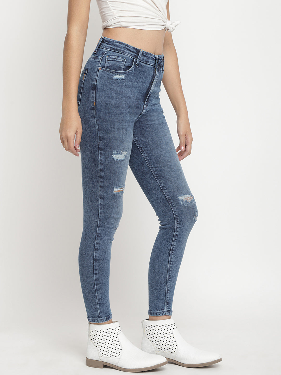 Women High Waist Mid Blue Distressed Super Skinny Denim Jeans