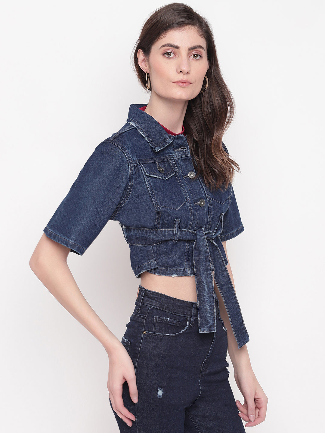 Women Dark Blue Cropped Denim Jacket With Belt