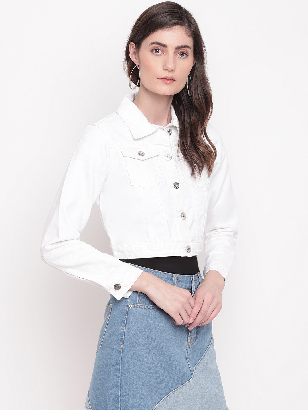 Women White Cropped Denim Jacket