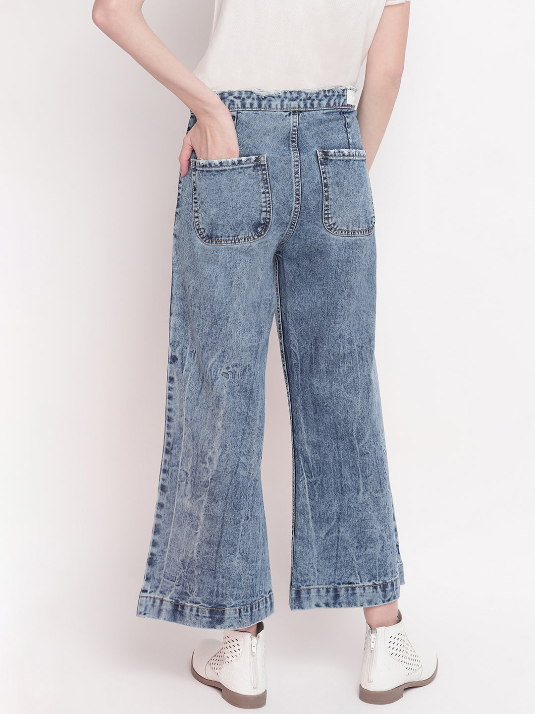Women Mid-Blue Cropped High Waist Flared Denim Jeans