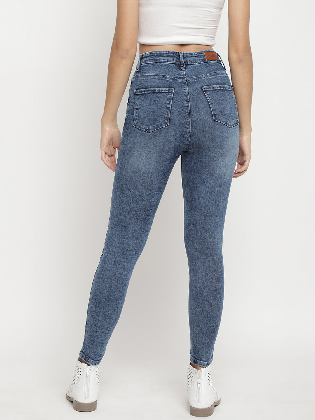 Women High Waist Mid Blue Distressed Super Skinny Denim Jeans
