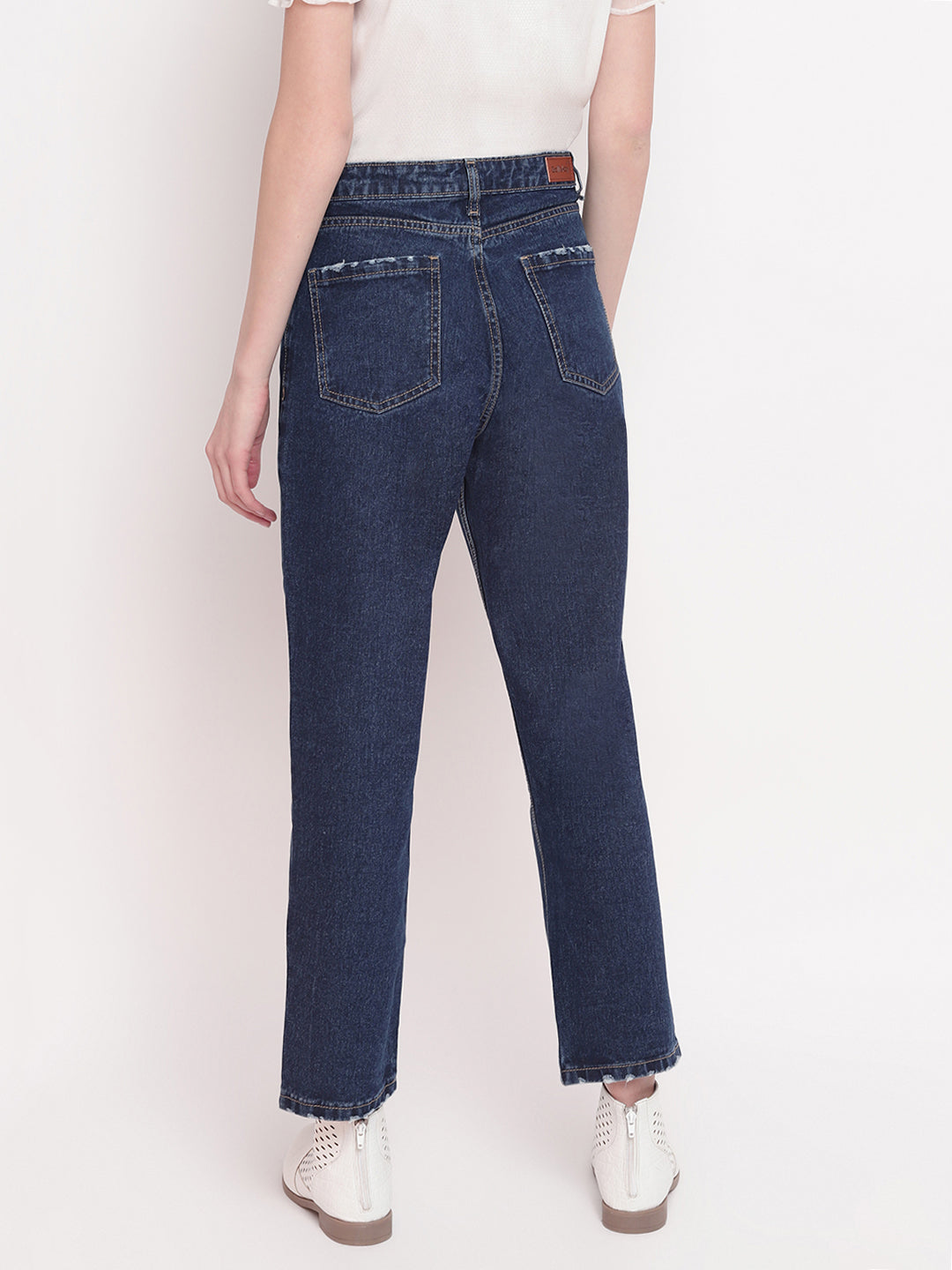 Women Mid Blue Distressed Mom Fit Denim Jeans