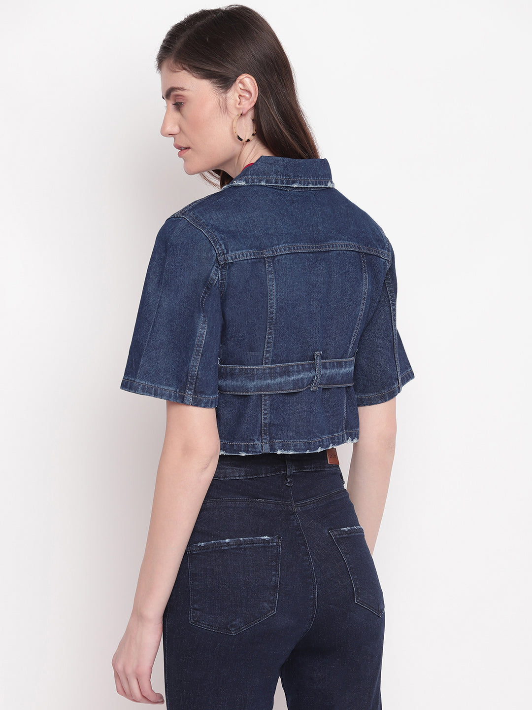 Women Dark Blue Cropped Denim Jacket With Belt