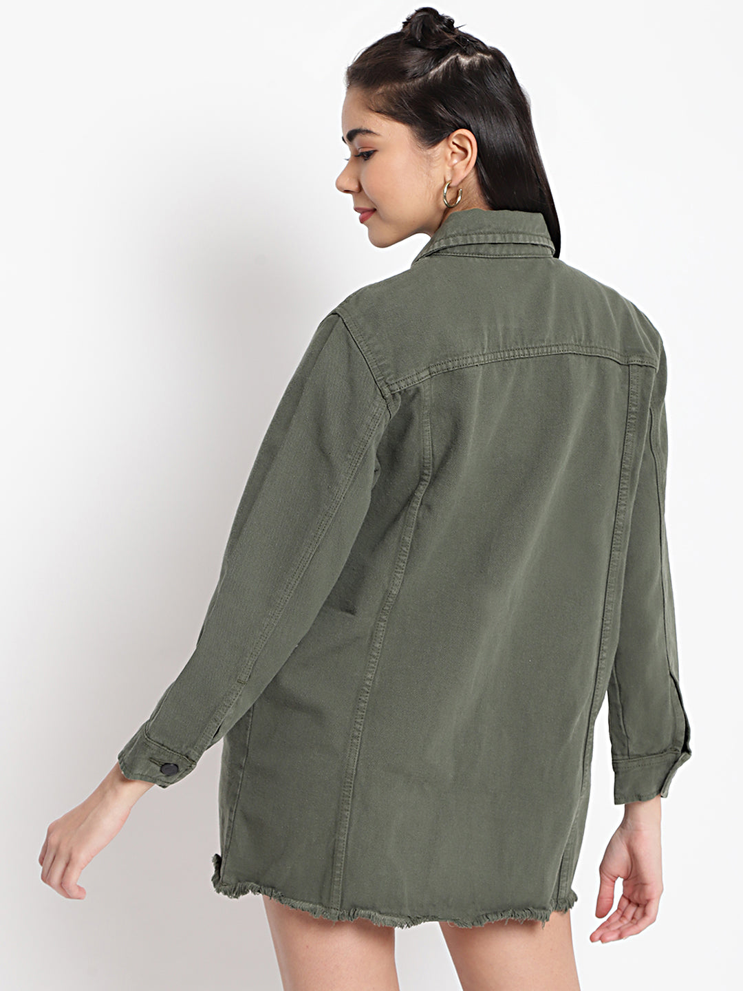 Women Olive Long Denim Jacket With Frey Hem