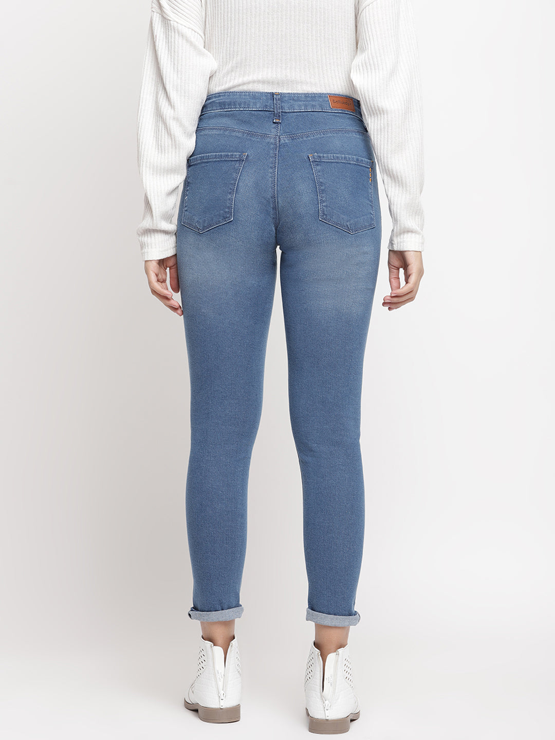 Women Mid Waist Mid Blue Whisker Slim Fit Denim Jeans