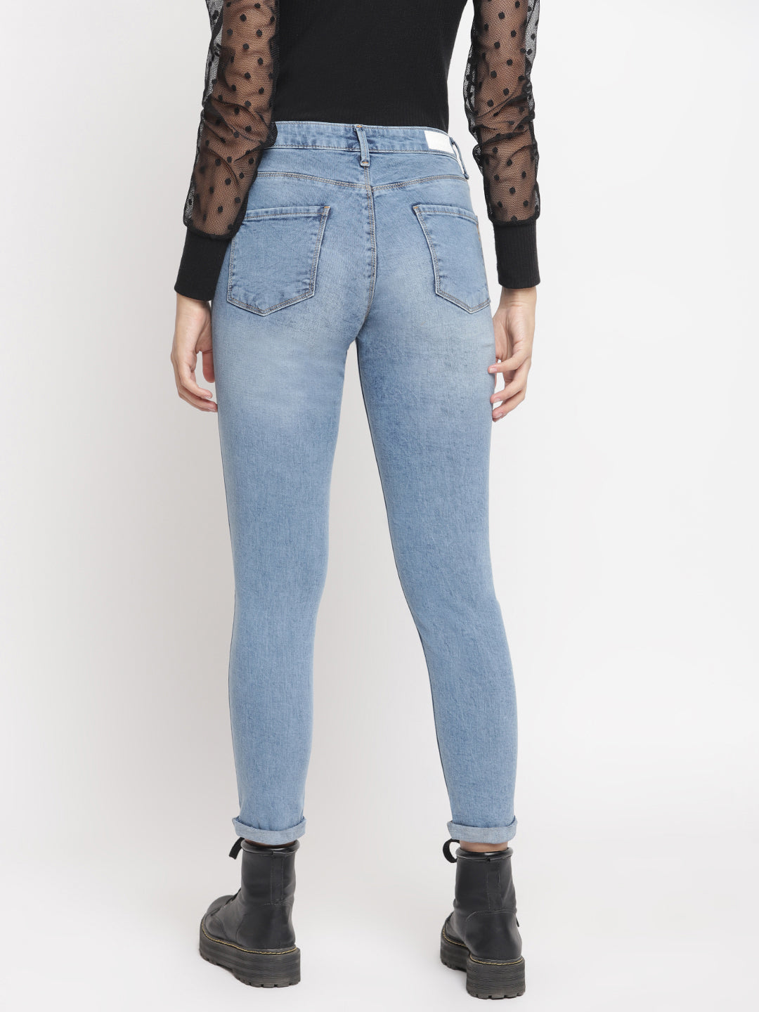 Women Mid Waist Mid Blue Distressed Slim Fit Denim Jeans