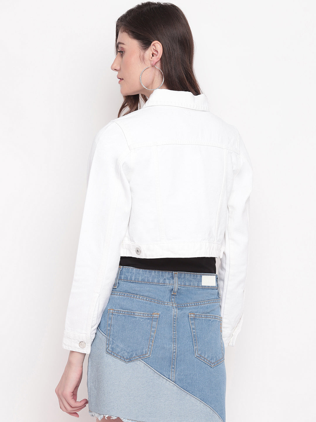 Women White Cropped Denim Jacket