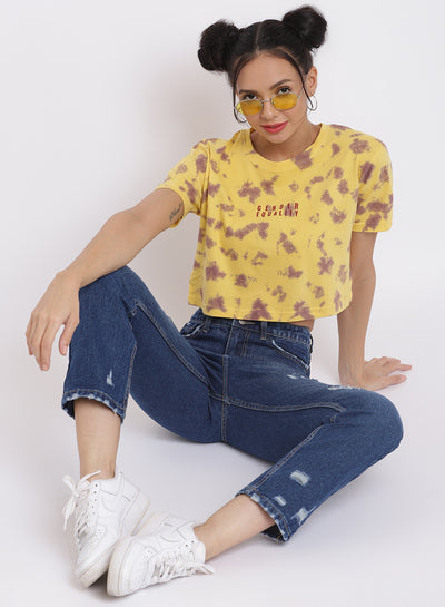 Women Yellow Overall Print Crop Top