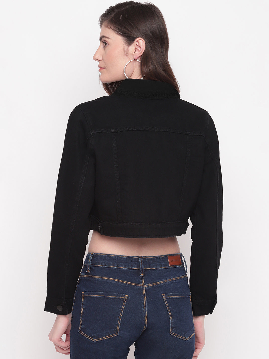 Women Black Cropped Denim Jacket