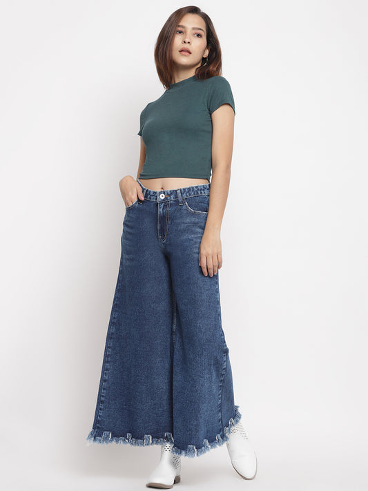 Women High Waist Fringe Detailed Denim Flared Jeans