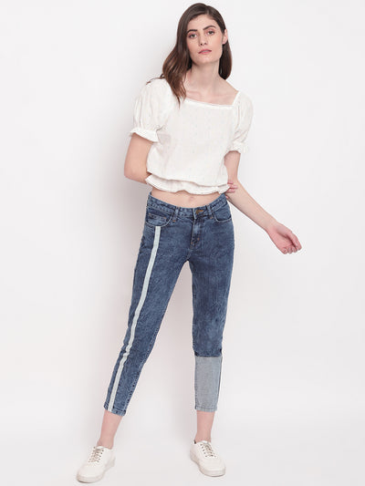 Women Asymmetrical Denim Slim Fit Side Tape Details Jeans