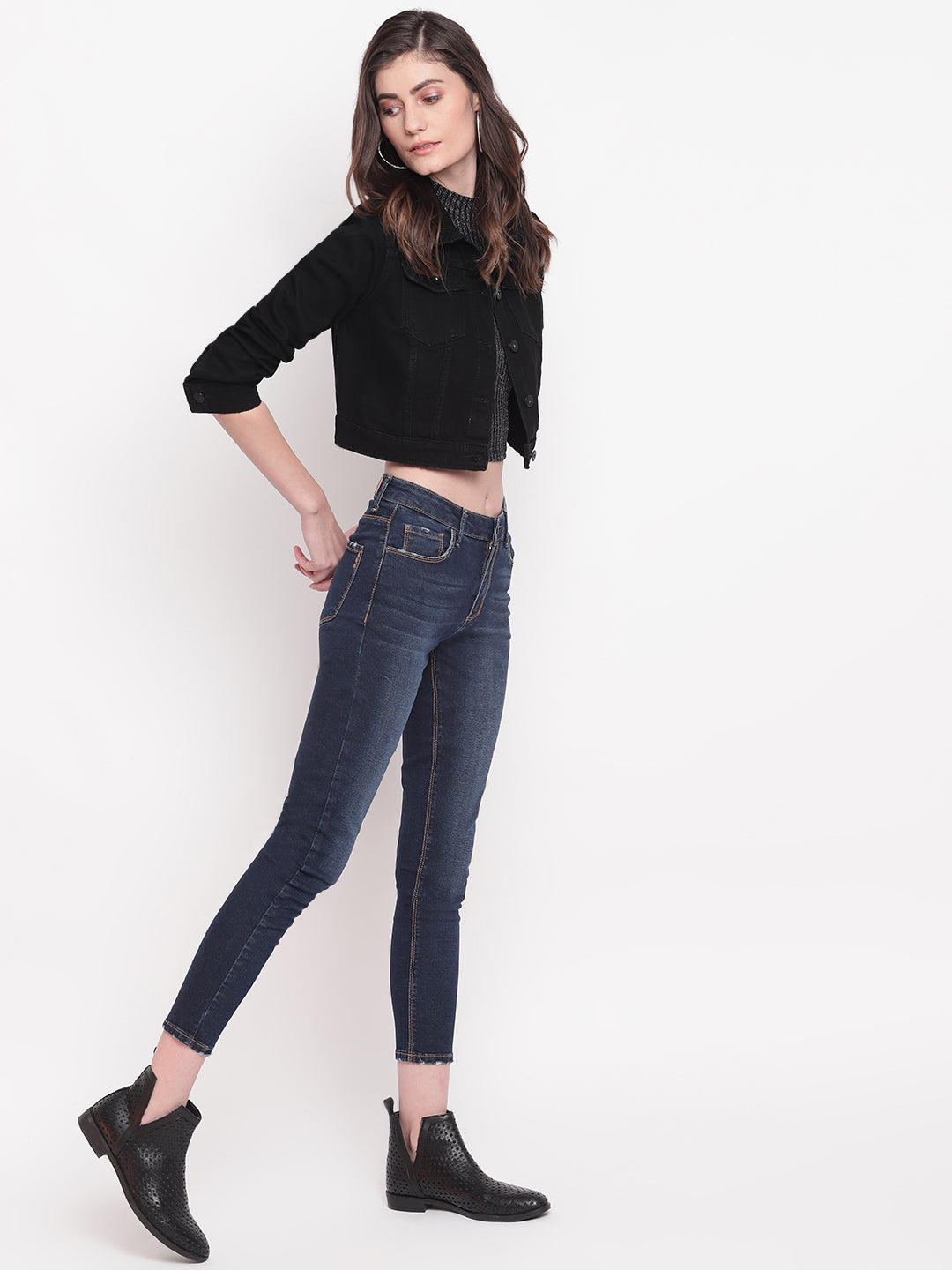 Women Black Cropped Denim Jacket