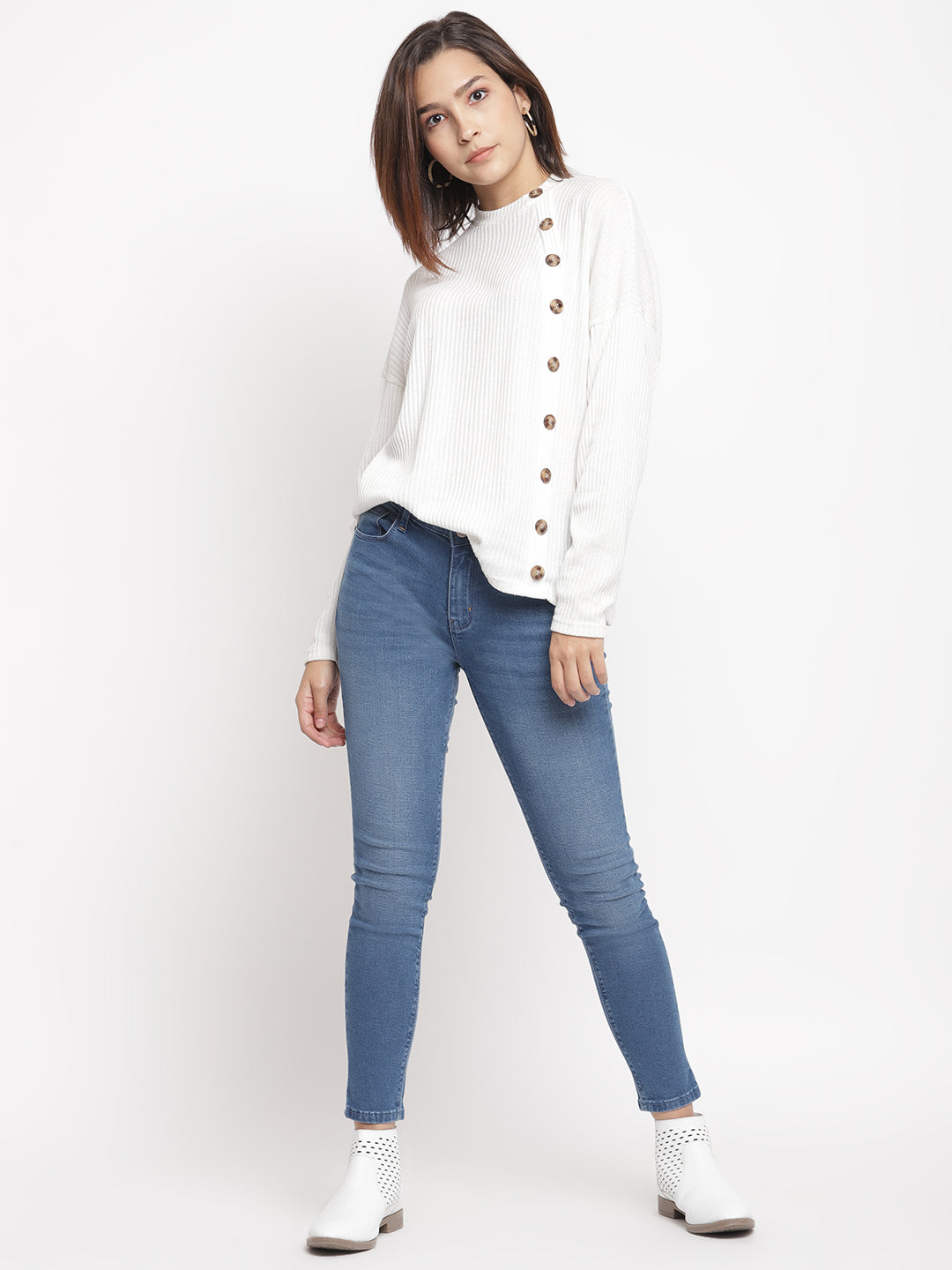Women Mid Waist Mid Blue Whisker Slim Fit Denim Jeans